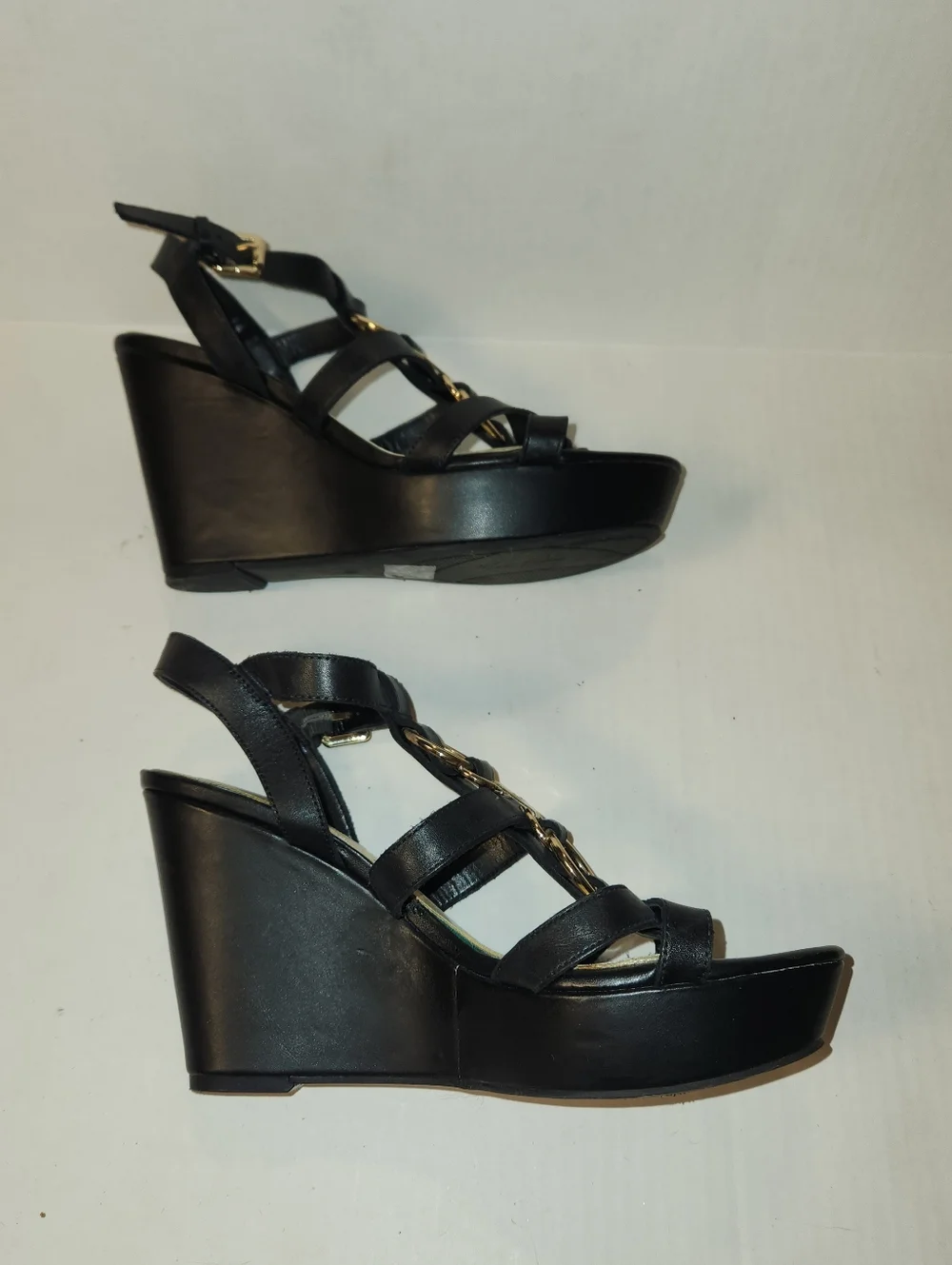 Marc Fisher Genny Black Leather Strappy Platform Wedge Sandals Sandals 8 EUC